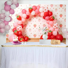 Lofaris Sweet Pink and Red Strawberry Birthday Backdrop with Balloons Cute Party Decor for Girl’s Cake Smash Photography