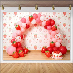 Lofaris Sweet Pink and Red Strawberry Birthday Backdrop with Balloons Cute Party Decor for Girl’s Cake Smash Photography