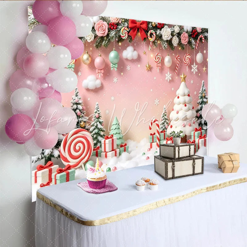 Lofaris Sweet Pink Christmas Backdrop with Snow Trees and Candy Gifts Festive Holiday Background for Winter Party Photoshoot