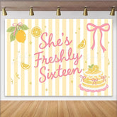 Lofaris Sweet Sixteen Lemon Birthday Backdrop with Yellow Stripes and Pink Bow Freshly Sixteen Party Background for Girls Photoshoot