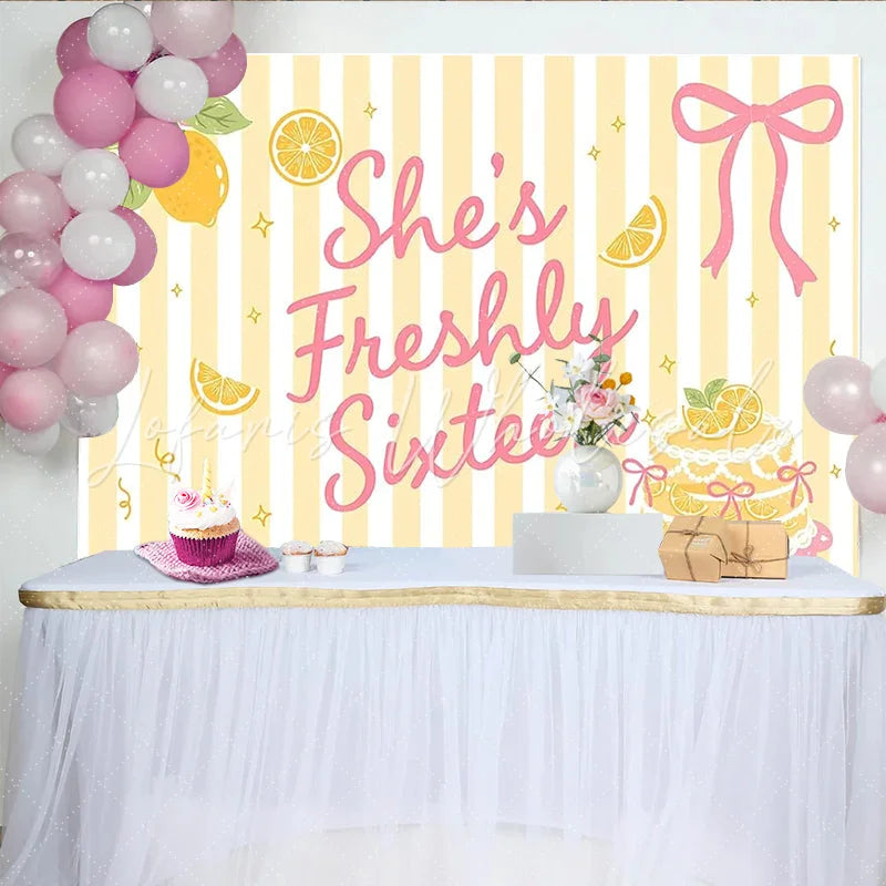 Lofaris Sweet Sixteen Lemon Birthday Backdrop with Yellow Stripes and Pink Bow Freshly Sixteen Party Background for Girls Photoshoot