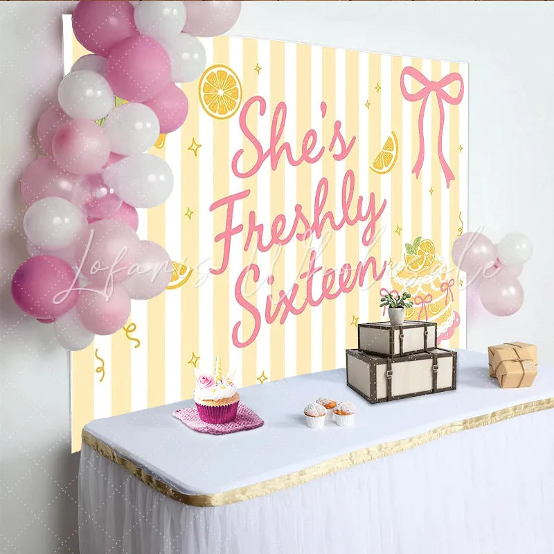 Lofaris Sweet Sixteen Lemon Birthday Backdrop with Yellow Stripes and Pink Bow Freshly Sixteen Party Background for Girls Photoshoot