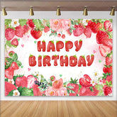Lofaris Sweet Strawberry and Pink Floral Birthday Backdrop Watercolor Fruit Party Decoration for Girl