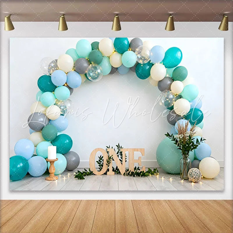 Lofaris Teal and Blue Balloon Birthday Cake Smash Backdrop Wooden ONE Sign and Greenery Boho Background