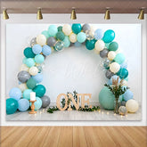 Lofaris Teal and Blue Balloon Birthday Cake Smash Backdrop Wooden ONE Sign and Greenery Boho Background