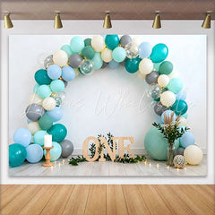 Lofaris Teal and Blue Balloon Birthday Cake Smash Backdrop Wooden ONE Sign and Greenery Boho Background