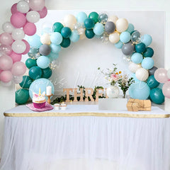 Lofaris Teal and Blue Balloon Birthday Cake Smash Backdrop Wooden THREE Sign and Greenery Boho Background