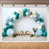 Lofaris Teal and Blue Balloon Birthday Cake Smash Backdrop Wooden THREE Sign and Greenery Boho Background