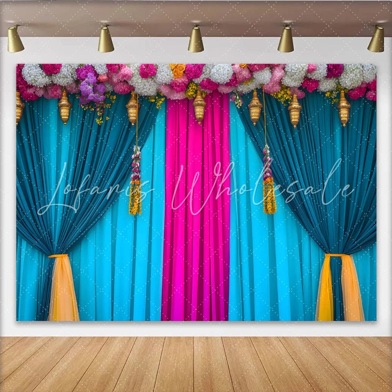 Lofaris Teal and Pink Stage Backdrop Flower Header and Golden Lanterns Indian Wedding Style Banner