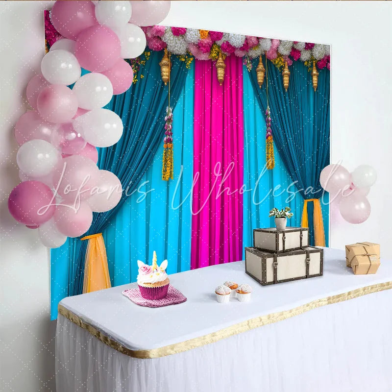 Lofaris Teal and Pink Stage Backdrop Flower Header and Golden Lanterns Indian Wedding Style Banner