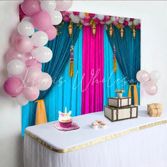 Lofaris Teal and Pink Stage Backdrop Flower Header and Golden Lanterns Indian Wedding Style Banner