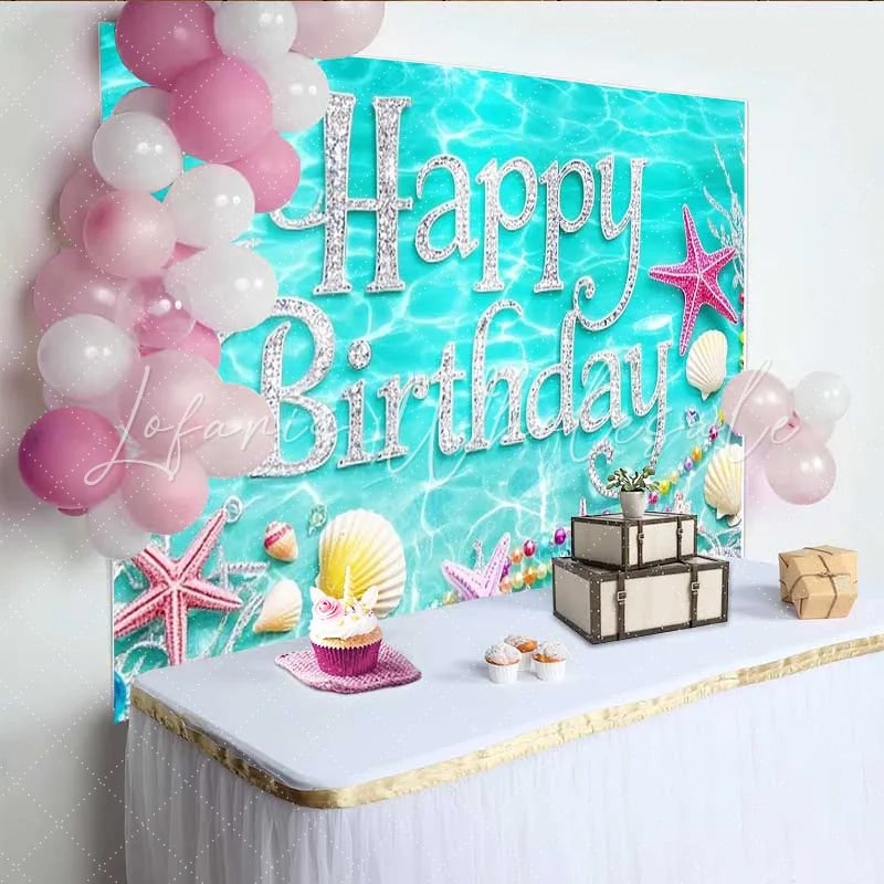 Lofaris Teal Blue Ocean Happy Birthday Backdrop Silver Glitter Starfish Pearls Photography Background Mermaid Theme Party Decoration
