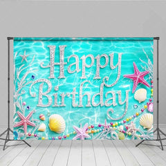 Lofaris Teal Blue Ocean Happy Birthday Backdrop Silver Glitter Starfish Pearls Photography Background Mermaid Theme Party Decoration