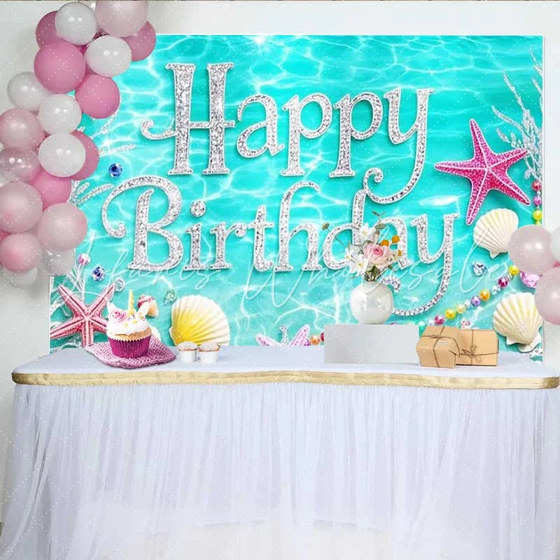 Lofaris Teal Blue Ocean Happy Birthday Backdrop Silver Glitter Starfish Pearls Photography Background Mermaid Theme Party Decoration