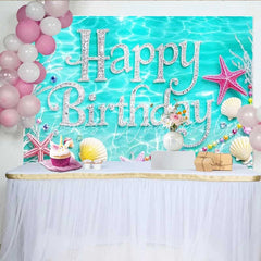 Lofaris Teal Blue Ocean Happy Birthday Backdrop Silver Glitter Starfish Pearls Photography Background Mermaid Theme Party Decoration
