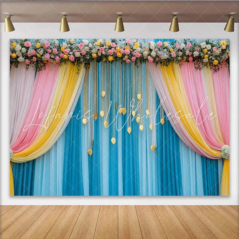 Lofaris Teal Blue Stage Backdrop Pink Yellow Swag and Golden Leaf Strands Wedding Party Banner
