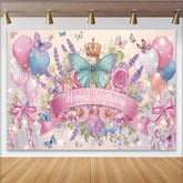 Lofaris Teal Butterfly Pink Bow Birthday Backdrop Crown Balloon Floral Background Girl Princess Party Decoration
