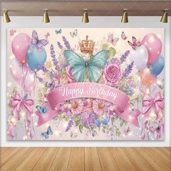 Lofaris Teal Butterfly Pink Bow Birthday Backdrop Crown Balloon Floral Background Girl Princess Party Decoration