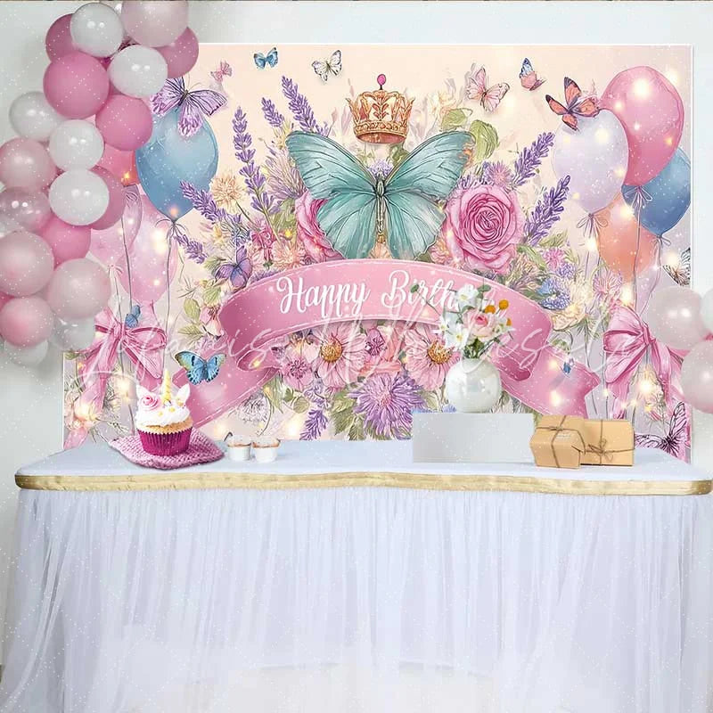 Lofaris Teal Butterfly Pink Bow Birthday Backdrop Crown Balloon Floral Background Girl Princess Party Decoration