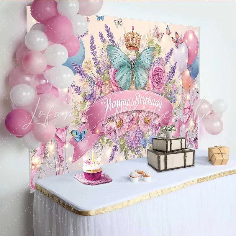 Lofaris Teal Butterfly Pink Bow Birthday Backdrop Crown Balloon Floral Background Girl Princess Party Decoration