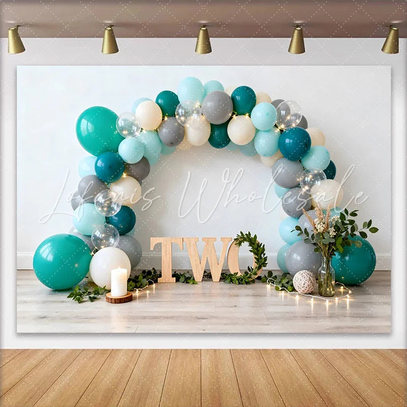 Lofaris Teal Grey Balloon Arch 2nd Birthday Cake Smash Backdrop Wooden Two Letter String Lights Party Background