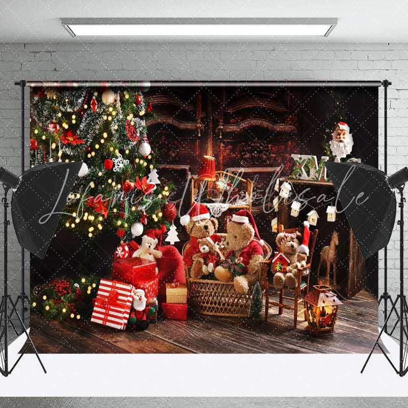 Lofaris Teddy Bear Dark Brown Wooden House Christmas Backdrop