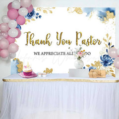Lofaris Thank You Pastor Backdrop Blue Floral and Gold Glitter Appreciation Day Decoration for Church