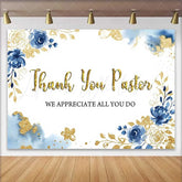 Lofaris Thank You Pastor Backdrop Blue Floral and Gold Glitter Appreciation Day Decoration for Church
