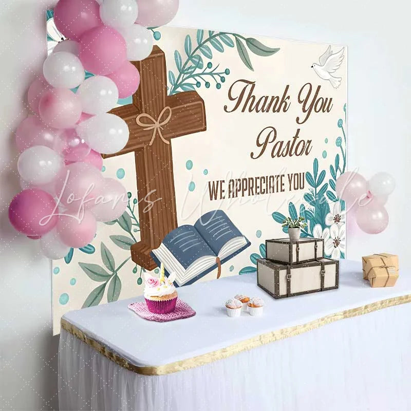 Lofaris Thank You Pastor Cross Bible Floral Backdrop Church Appreciation Event Decorations Photography Background