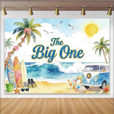 Lofaris The Big One Beach 1st Birthday Backdrop with Surfboards and Palm Trees Vintage Van Ocean Party Decor for Photoshoot