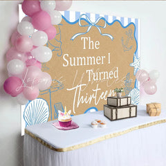Lofaris The Summer I Turned Thirteen Beach Birthday Backdrop with Seashells and Starfish Blue Striped for Teen Girl Party