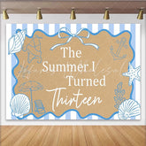 Lofaris The Summer I Turned Thirteen Beach Birthday Backdrop with Seashells and Starfish Blue Striped for Teen Girl Party