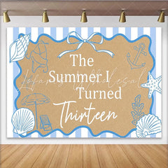 Lofaris The Summer I Turned Thirteen Beach Birthday Backdrop with Seashells and Starfish Blue Striped for Teen Girl Party