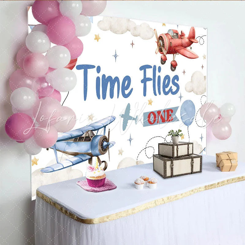 Lofaris Time Flies First Birthday Photography Backdrop Vintage Airplane and Cloud Photo Background