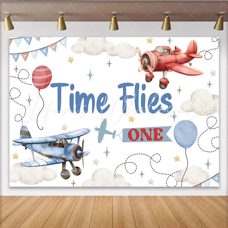 Lofaris Time Flies First Birthday Photography Backdrop Vintage Airplane and Cloud Photo Background