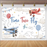 Lofaris Time Two Fly Birthday Backdrop Vintage Airplane Cloud Sky Background Boy 2nd Bday Party Decoration