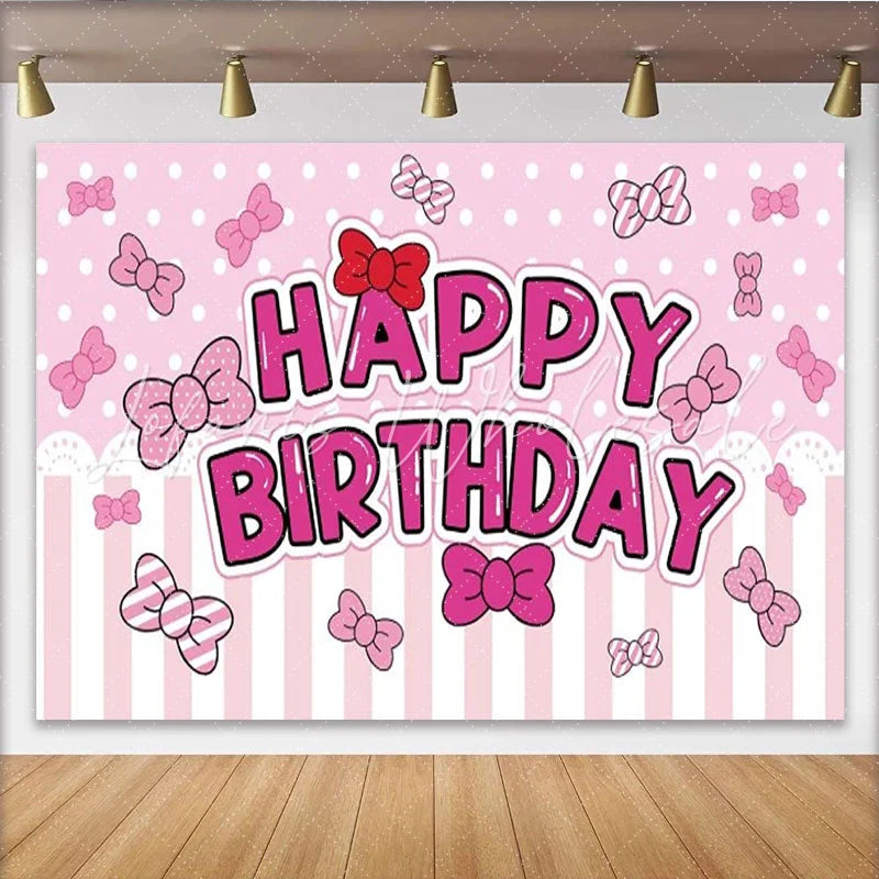 Lofaris Toile de fond joyeux anniversaire rose à pois et rayures avec nœuds papillon pour fête de fille