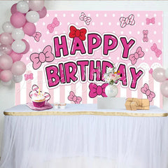 Lofaris Toile de fond joyeux anniversaire rose à pois et rayures avec nœuds papillon pour fête de fille