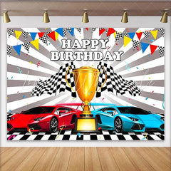 Lofaris Toile de fond joyeux anniversaire voitures de course et drapeaux à damier trophée de course pour fête d’enfants