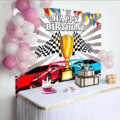 Lofaris Toile de fond joyeux anniversaire voitures de course et drapeaux à damier trophée de course pour fête d’enfants