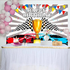 Lofaris Toile de fond joyeux anniversaire voitures de course et drapeaux à damier trophée de course pour fête d’enfants