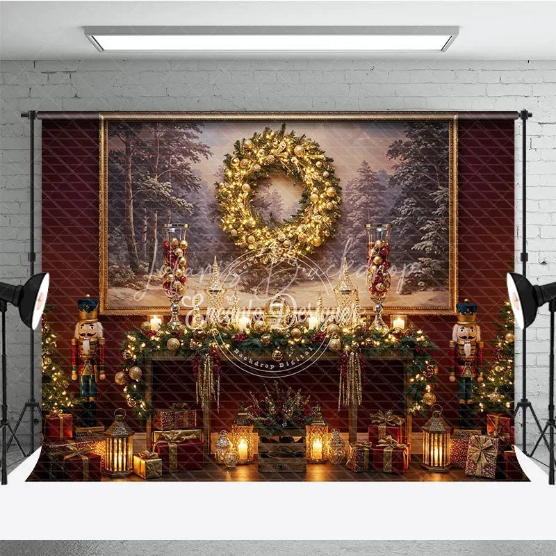 Lofaris Traditional Christmas Photography Backdrop Red Wall with Nutcrackers and Wreath Holiday Mini Session Background