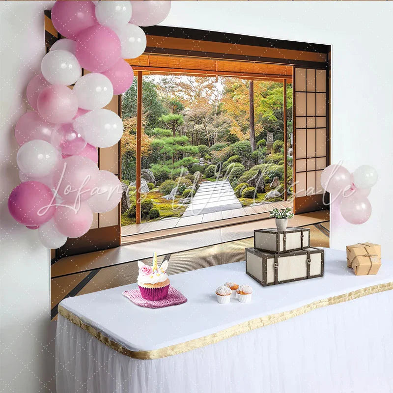 Lofaris Traditional Japanese Room with Serene Garden Photography Backdrop Autumn Nature Landscape Background for Studio Photoshoot