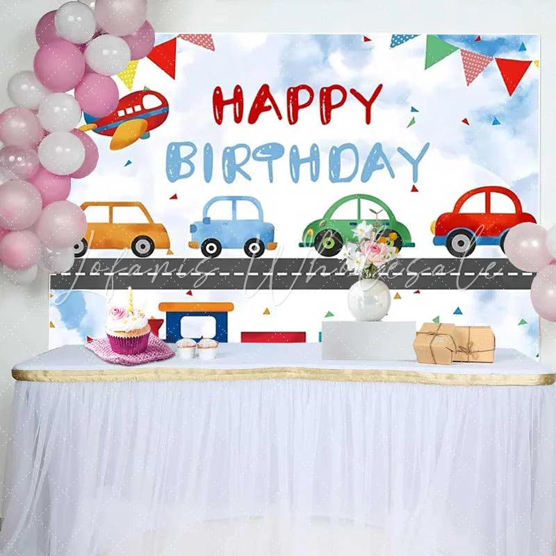 Lofaris Transportation Happy Birthday Backdrop Cartoon Airplane Train Cars Boys Party Photography Background