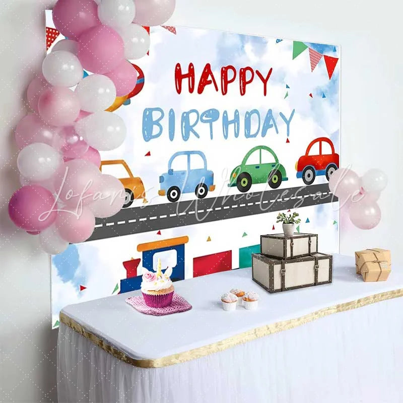 Lofaris Transportation Happy Birthday Backdrop Cartoon Airplane Train Cars Boys Party Photography Background