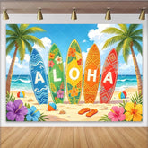 Lofaris Tropical Aloha Surfboard Photography Backdrop with Palm Trees Vibrant Summer Beach Background for Luau Party Decor and Photoshoot