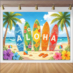 Lofaris Tropical Aloha Surfboard Photography Backdrop with Palm Trees Vibrant Summer Beach Background for Luau Party Decor and Photoshoot