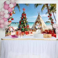 Lofaris Tropical Beach Christmas Backdrop with Decorated Palm Trees Festive Holiday Photography Background for Party Decor
