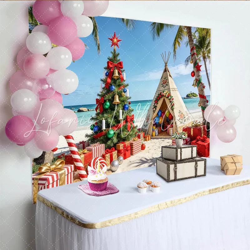Lofaris Tropical Beach Christmas Backdrop with Decorated Palm Trees Festive Holiday Photography Background for Party Decor