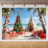 Lofaris Tropical Beach Christmas Backdrop with Decorated Palm Trees Festive Holiday Photography Background for Party Decor